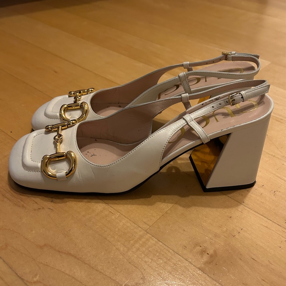 Gucci White Slingback Heels with Gold Buckle